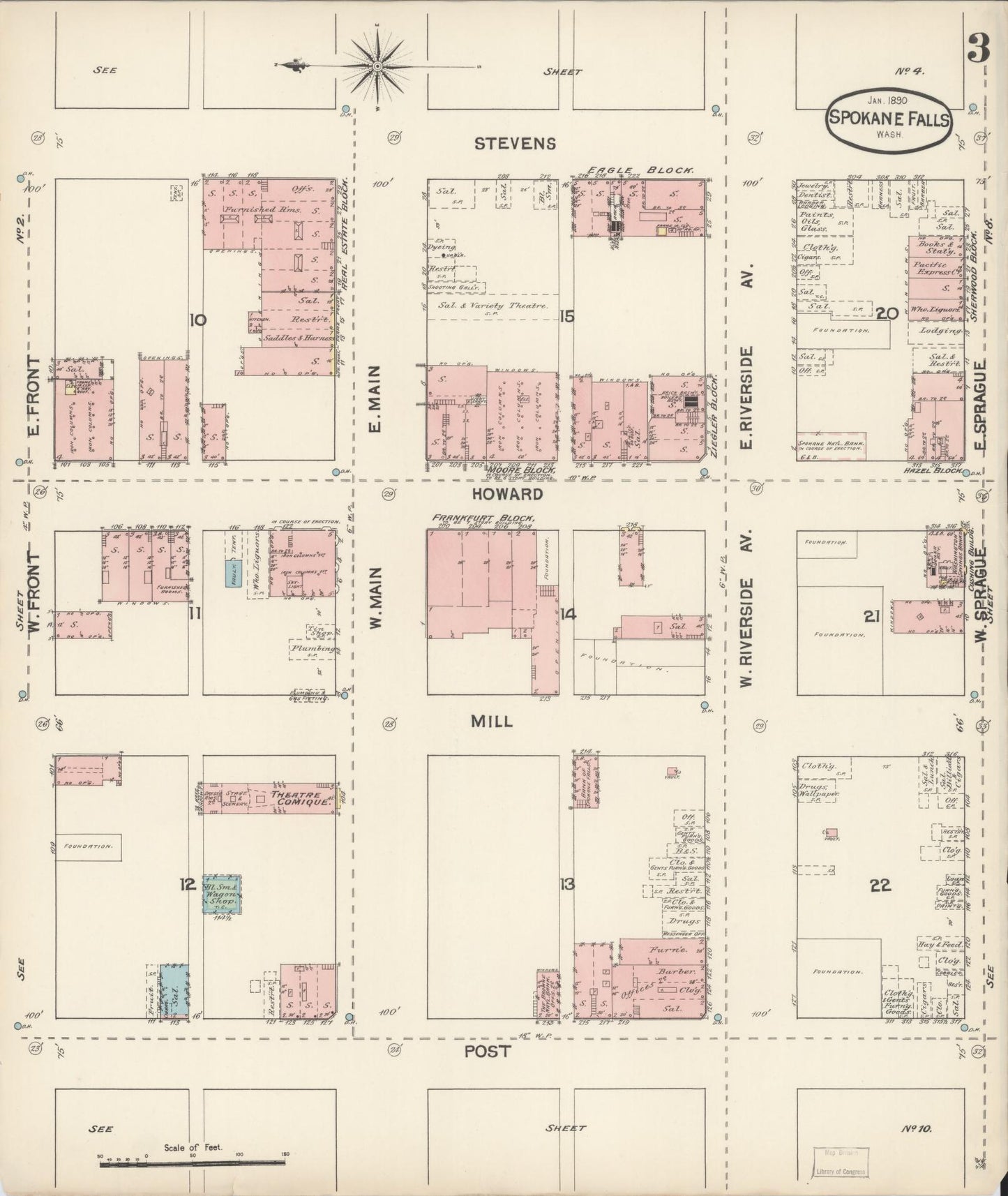 Sanborn Fire Insurance Map from Spokane, Spokane County, Washington (1890), Sheet #0003 - Complete Map Set gallery image, historic Sanborn map, vintage wall art, Washington Washington