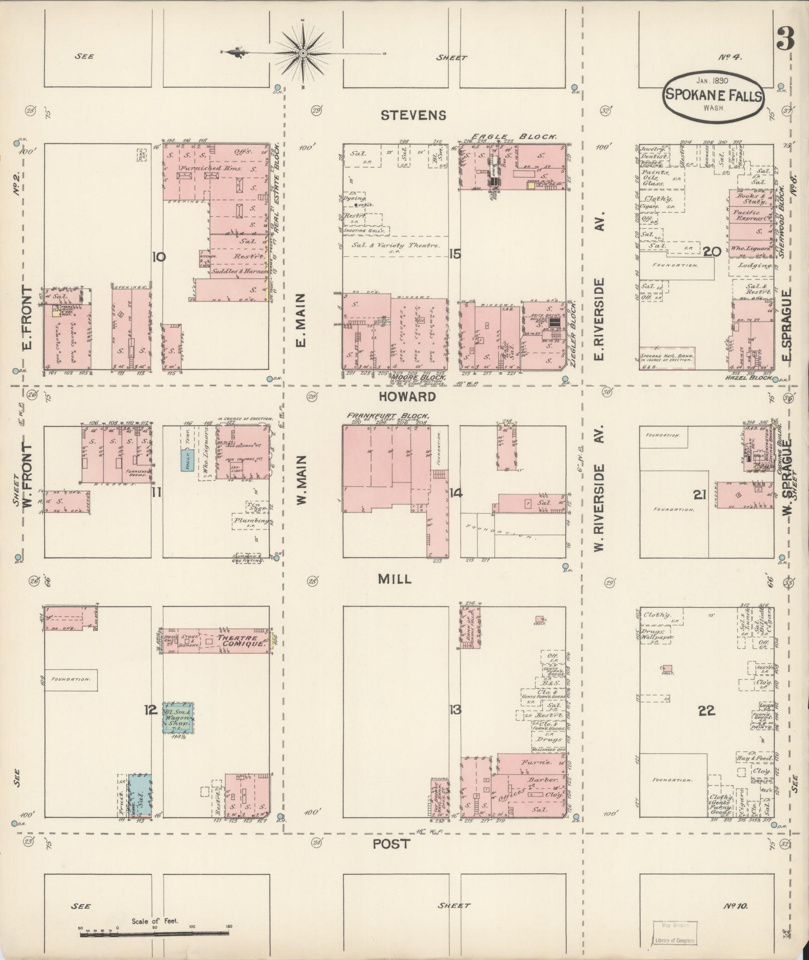 Sanborn Fire Insurance Map from Spokane, Spokane County, Washington (1890), Sheet #0003 - Complete Map Set gallery image, historic Sanborn map, vintage wall art, Washington Washington