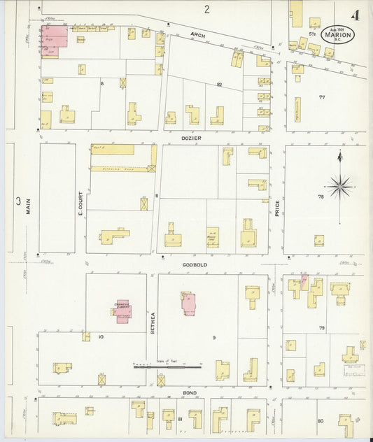 Sanborn Fire Insurance Map from Marion, Marion County, South Carolina (1909), Sheet #0004 - Historic Sanborn Fire Insurance Map Print, vintage old map wall art, antique decor, genealogy gift, South Carolina South Carolina map