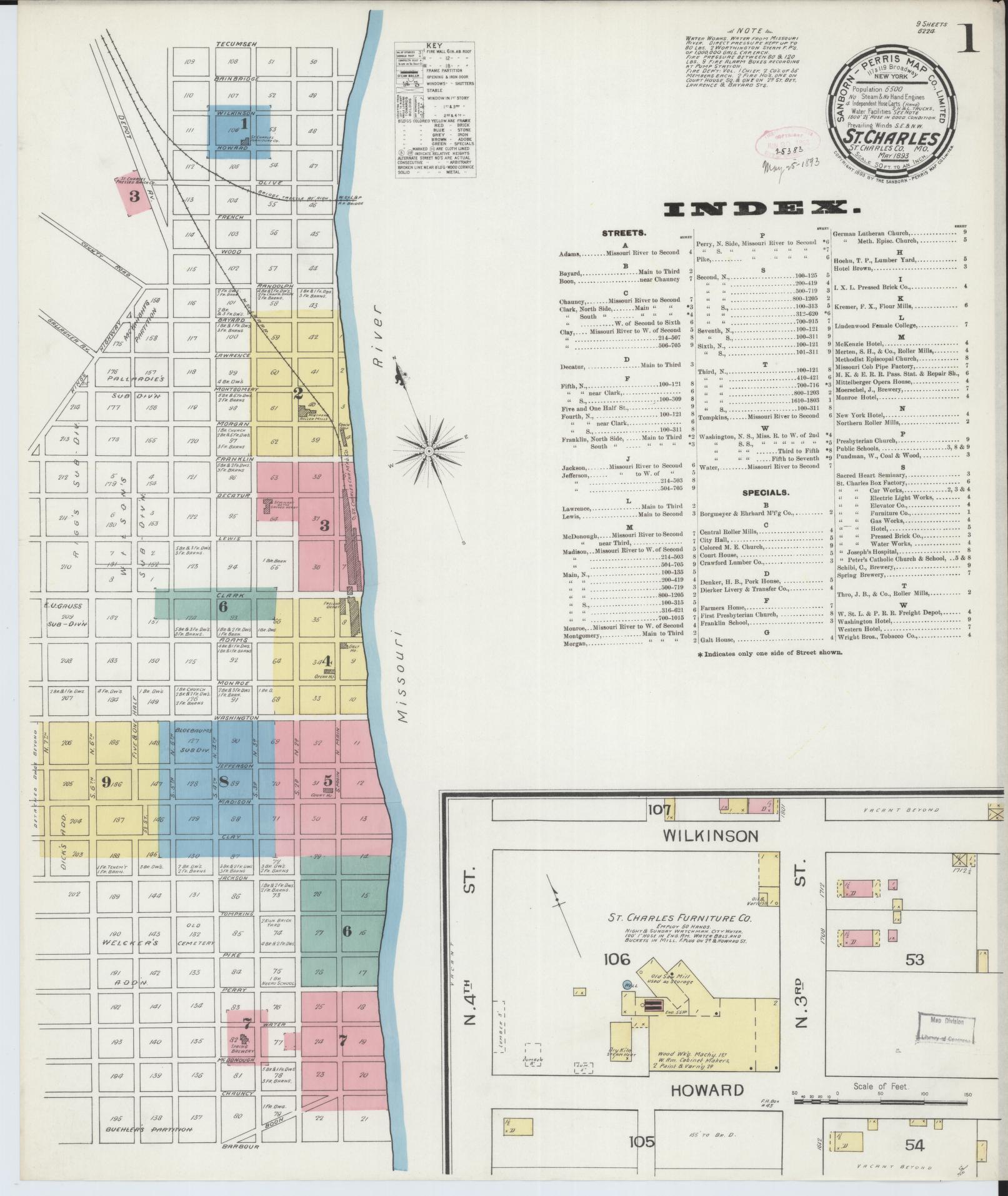 Sanborn Fire Insurance Map from Saint Charles, Saint Charles County, Missouri (1893), Sheet #0001 - Complete Map Set gallery image, historic Sanborn map, vintage wall art, Missouri Missouri