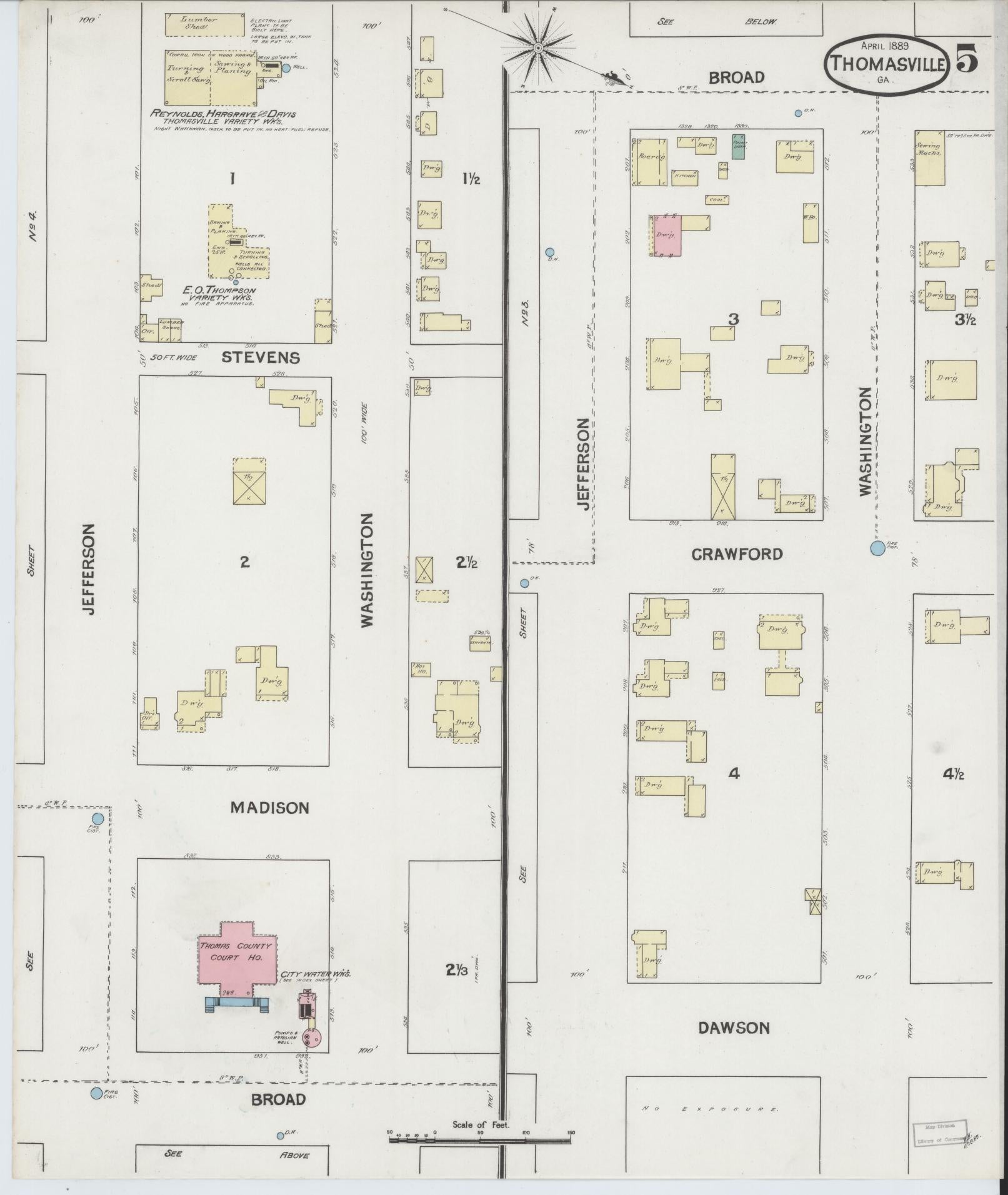 Sanborn Fire Insurance Map from Thomasville, Thomas County, Georgia (1889), Sheet #0005 - Historic Sanborn Fire Insurance Map Print, vintage old map wall art, antique decor, genealogy gift, Georgia Georgia map