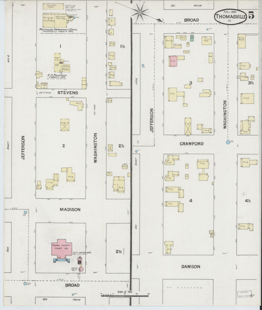 Sanborn Fire Insurance Map from Thomasville, Thomas County, Georgia (1889), Sheet #0005 - Historic Sanborn Fire Insurance Map Print, vintage old map wall art, antique decor, genealogy gift, Georgia Georgia map