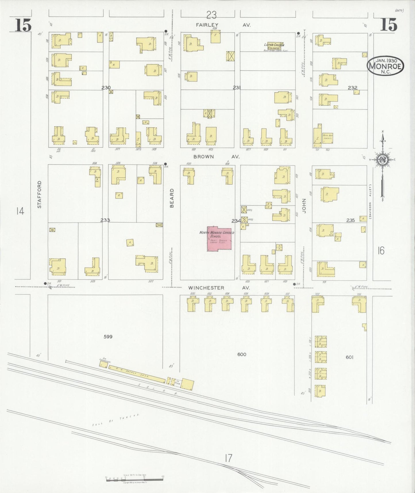 Sanborn Fire Insurance Map from Monroe, Union County, North Carolina (1930), Sheet #0015 - Complete Map Set gallery image, historic Sanborn map, vintage wall art, North Carolina North Carolina