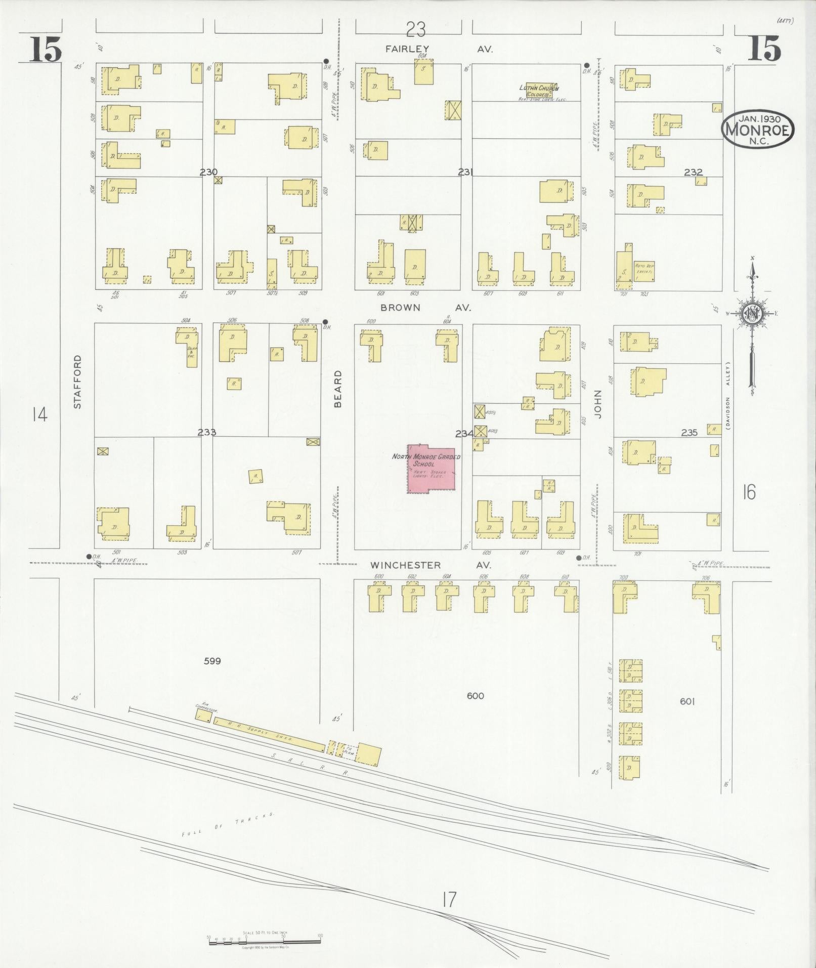 Sanborn Fire Insurance Map from Monroe, Union County, North Carolina (1930), Sheet #0015 - Complete Map Set gallery image, historic Sanborn map, vintage wall art, North Carolina North Carolina