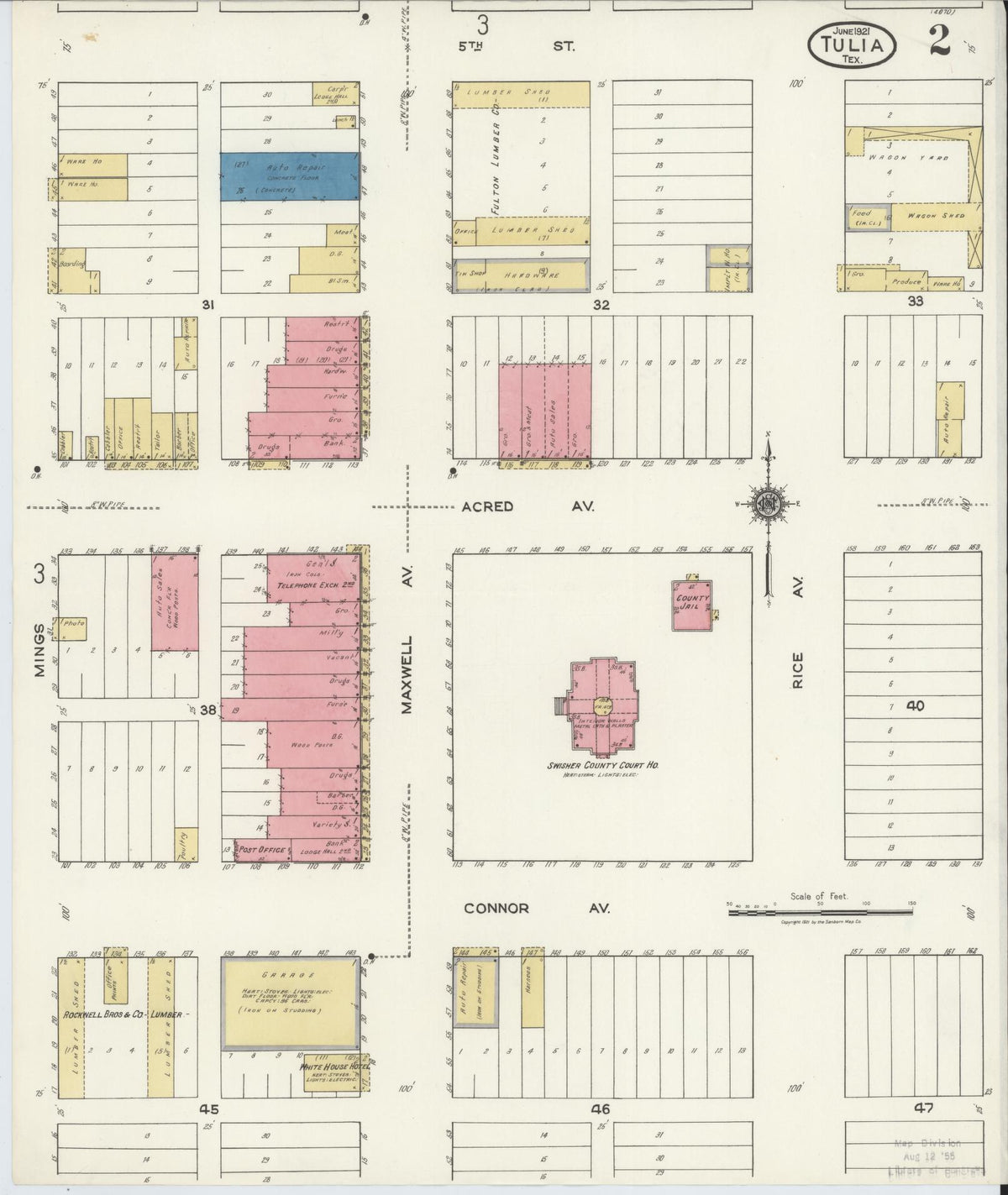 Sanborn Fire Insurance Map from Tulia, Swisher County, Texas (1921), Sheet #0002 - Historic Sanborn Fire Insurance Map Print, vintage old map wall art, antique decor, genealogy gift, Texas Texas map