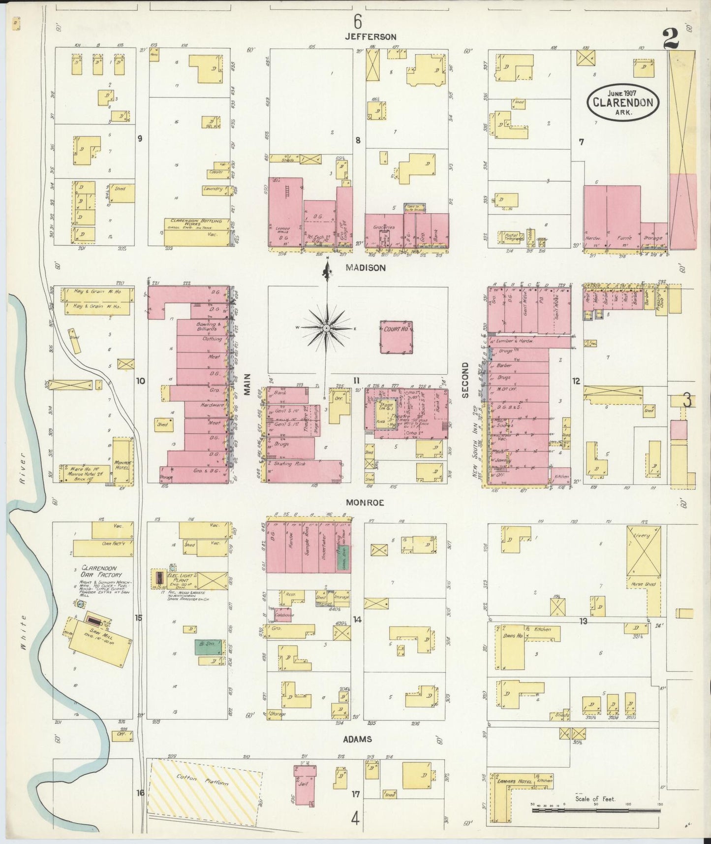 Sanborn Fire Insurance Map from Clarendon, Monroe County, Arkansas (1907), Sheet #0002 - Complete Map Set gallery image, historic Sanborn map, vintage wall art, Arkansas Arkansas