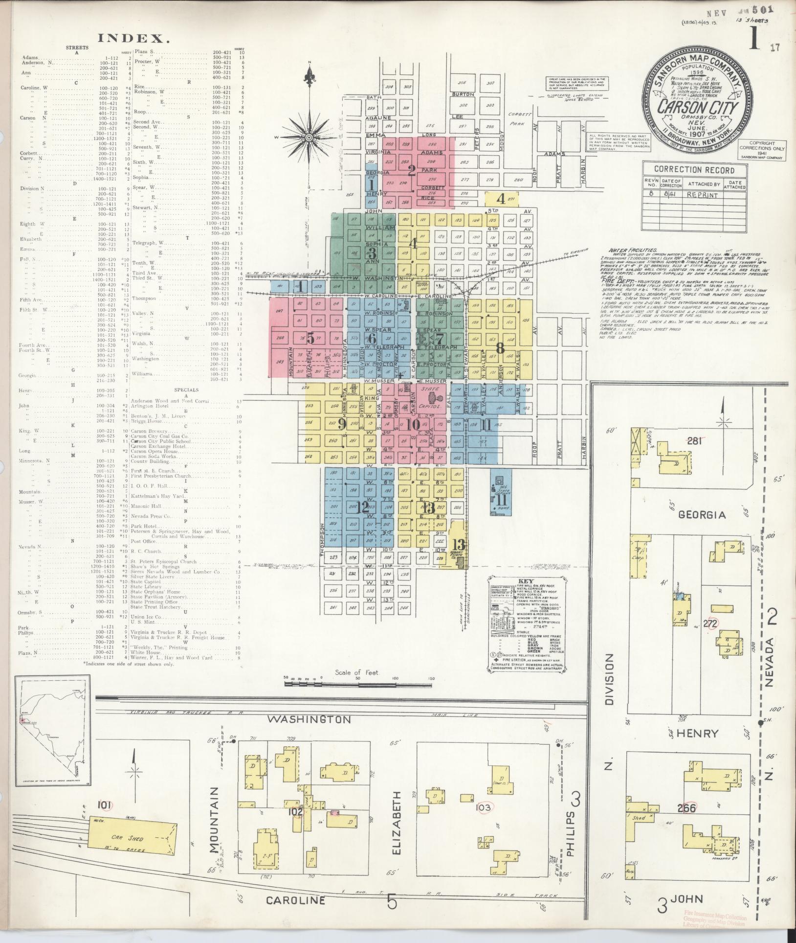 Sanborn Fire Insurance Map from Carson City, Carson City County, Nevada (1941), Sheet #0001 - Historic Sanborn Fire Insurance Map Print, vintage old map wall art, antique decor, genealogy gift, Nevada Nevada map