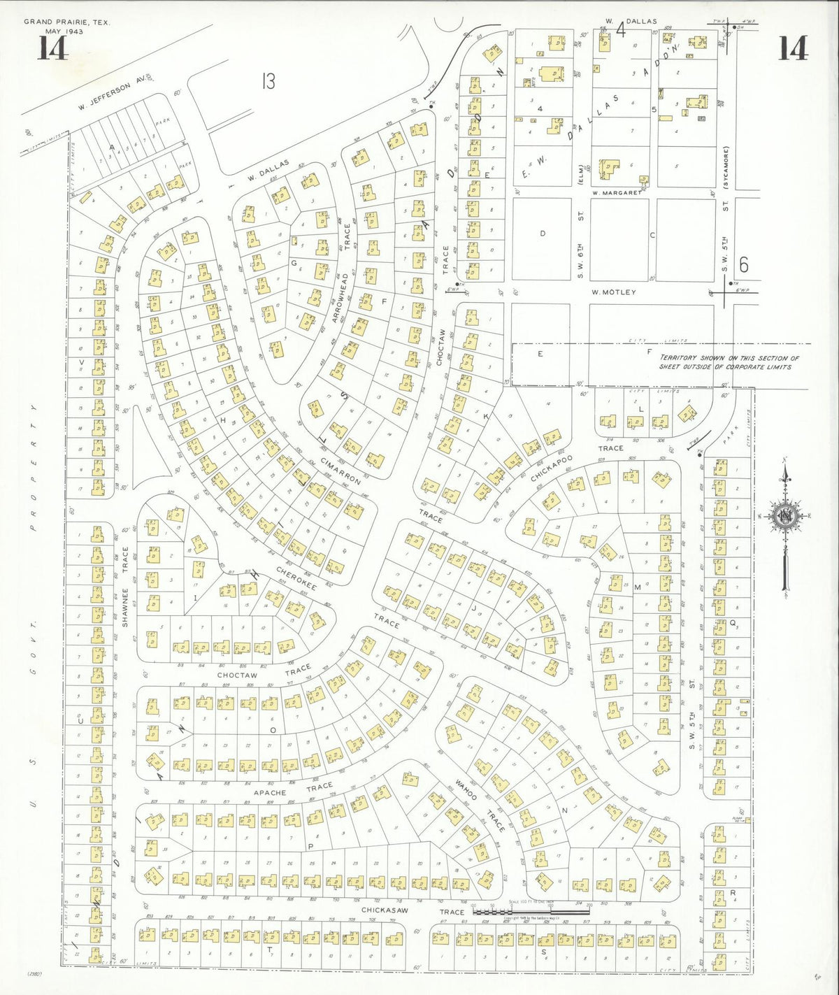 Sanborn Fire Insurance Map from Grand Prairie, Dallas County, Texas (1943), Sheet #0014 - Complete Map Set gallery image, historic Sanborn map, vintage wall art, Texas Texas