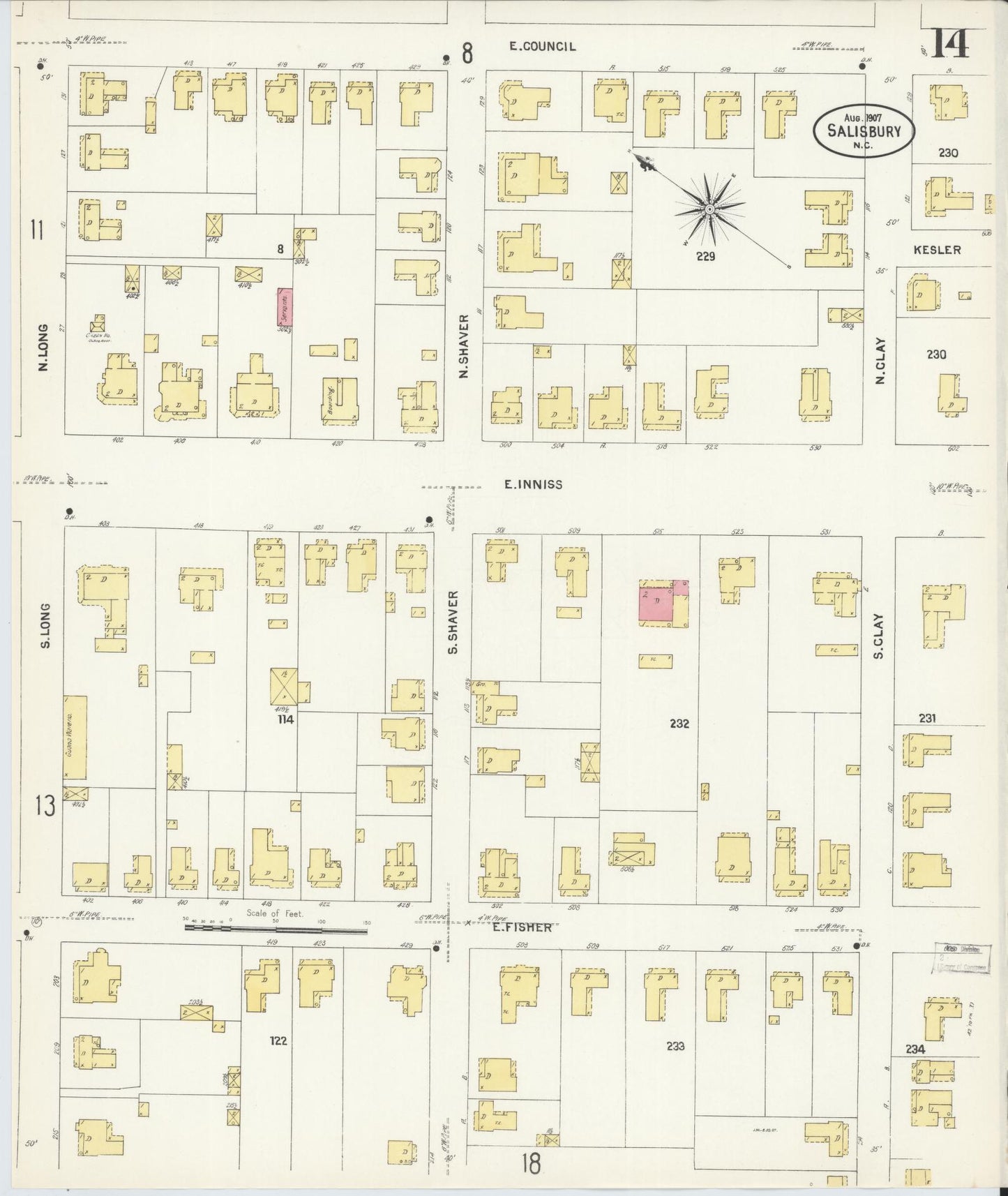 Sanborn Fire Insurance Map from Salisbury, Rowan County, North Carolina (1907), Sheet #0014 - Complete Map Set gallery image, historic Sanborn map, vintage wall art, North Carolina North Carolina