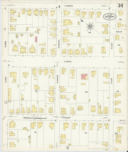 Sanborn Fire Insurance Map from Salisbury, Rowan County, North Carolina (1907), Sheet #0014 - Complete Map Set gallery image, historic Sanborn map, vintage wall art, North Carolina North Carolina