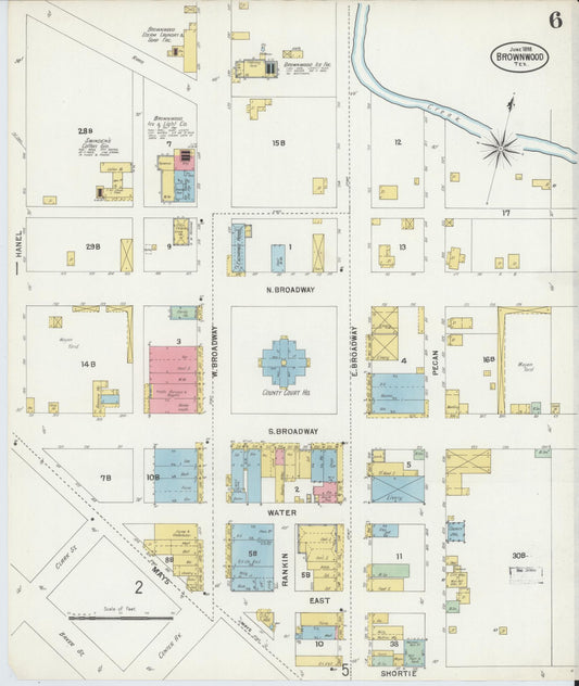 Sanborn Fire Insurance Map from Brownwood, Brown County, Texas (1898), Sheet #0006 - Historic Sanborn Fire Insurance Map Print, vintage old map wall art, antique decor, genealogy gift, Texas Texas map