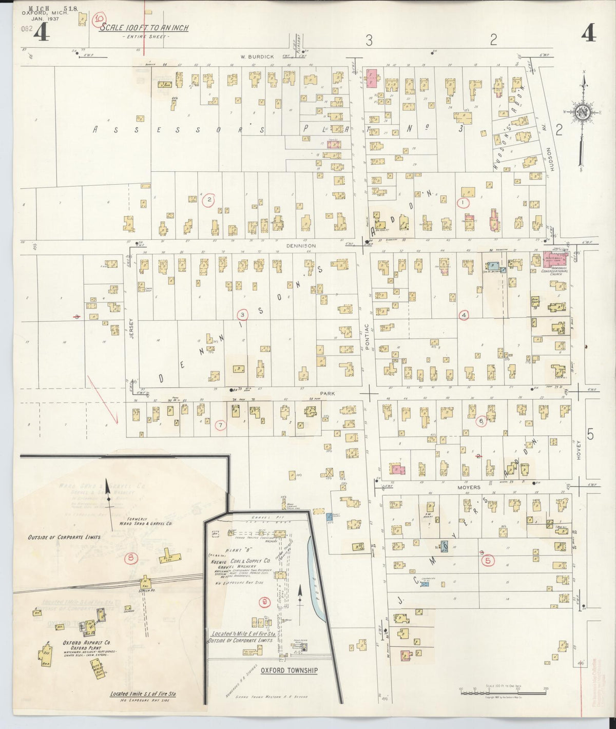 Sanborn Fire Insurance Map from Oxford, Oakland County, Michigan (1945), Sheet #0004 - Historic Sanborn Fire Insurance Map Print, vintage old map wall art, antique decor, genealogy gift, Michigan Michigan map