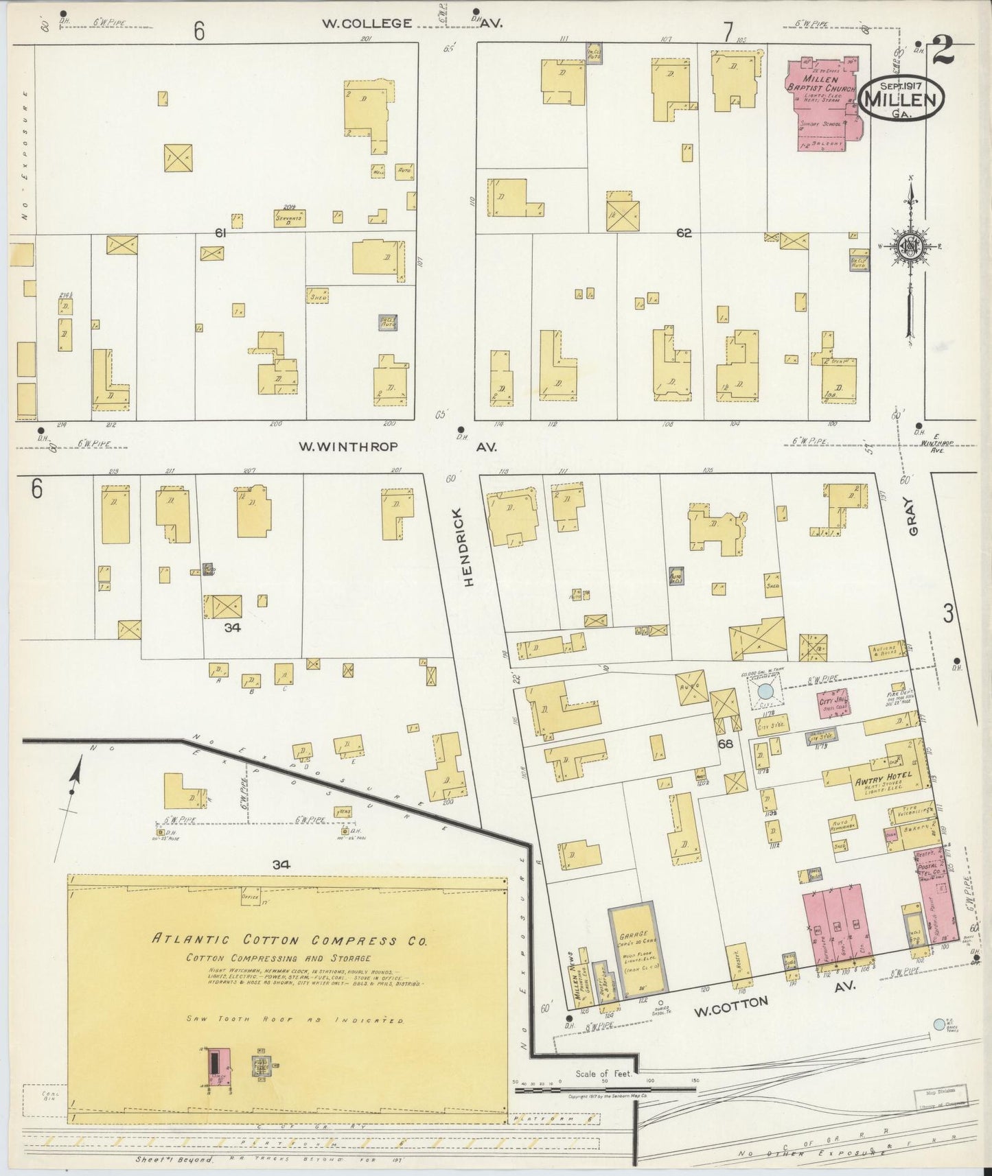Sanborn Fire Insurance Map from Millen, Jenkins County, Georgia (1917), Sheet #0002 - Historic Sanborn Fire Insurance Map Print, vintage old map wall art, antique decor, genealogy gift, Georgia Georgia map