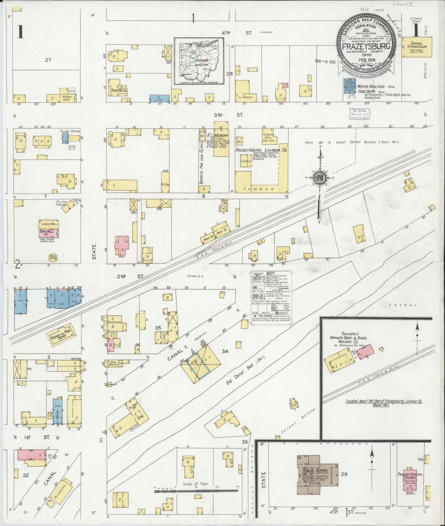 Sanborn Fire Insurance Map from Frazeysburg, Muskingum County, Ohio (1928), Sheet #0001 - Historic Sanborn Fire Insurance Map Print, vintage old map wall art, antique decor, genealogy gift, Ohio Ohio map