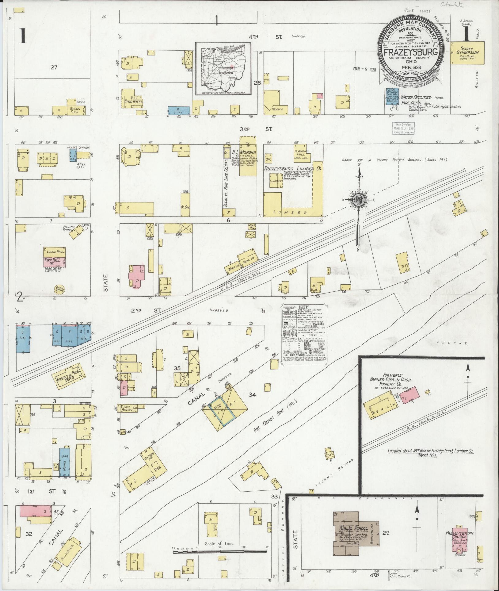 Sanborn Fire Insurance Map from Frazeysburg, Muskingum County, Ohio (1928), Sheet #0001 - Historic Sanborn Fire Insurance Map Print, vintage old map wall art, antique decor, genealogy gift, Ohio Ohio map