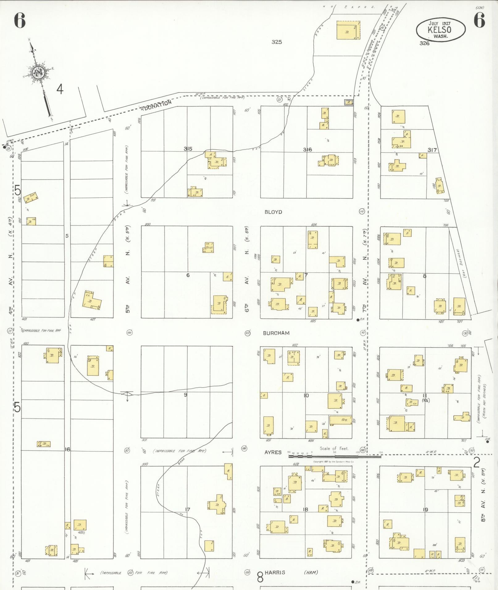 Sanborn Fire Insurance Map from Kelso, Cowlitz County, Washington (1927), Sheet #0006 - Complete Map Set gallery image, historic Sanborn map, vintage wall art, Washington Washington
