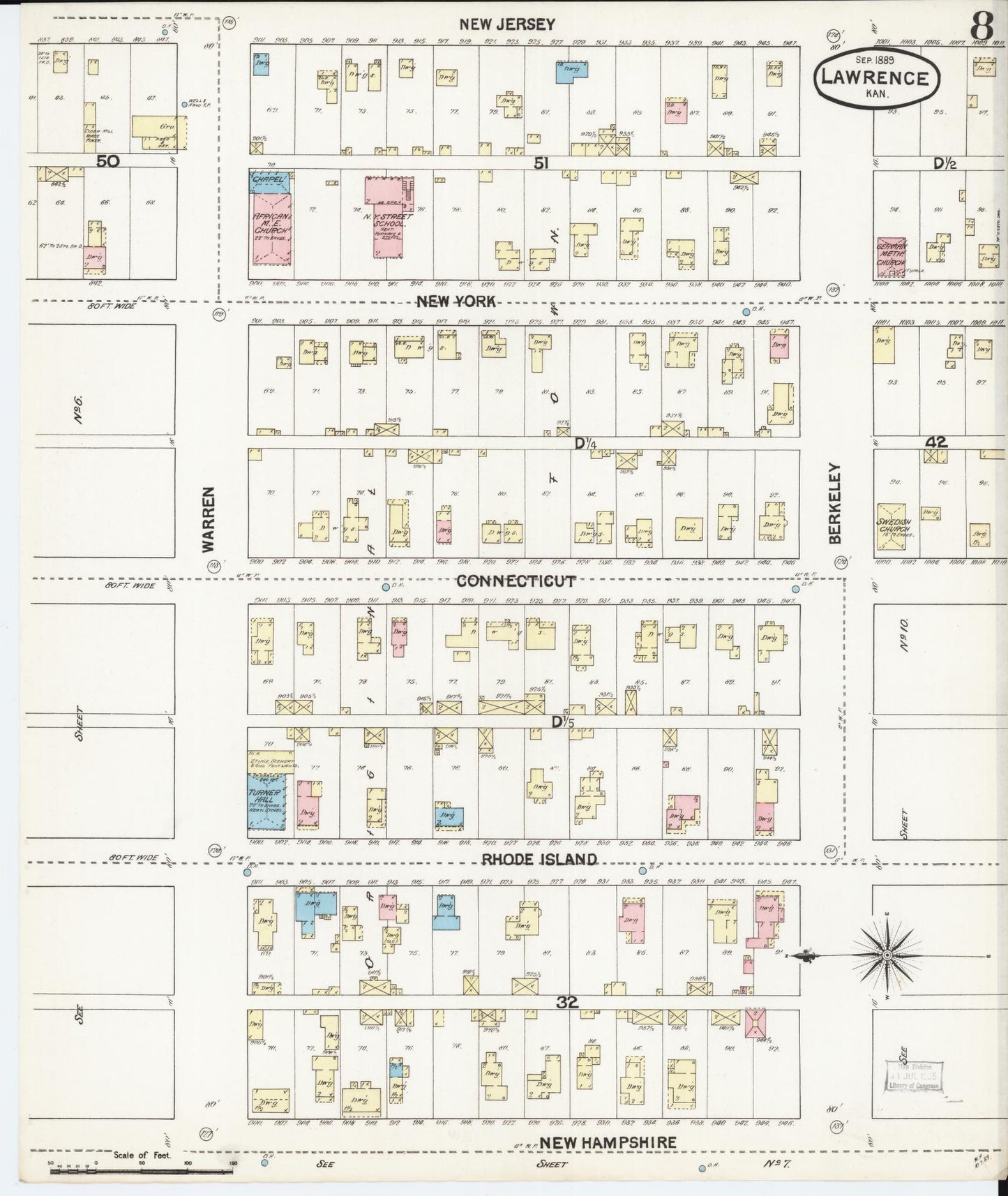Sanborn Fire Insurance Map from Lawrence, Douglas County, Kansas (1889), Sheet #0008 - Complete Map Set gallery image, historic Sanborn map, vintage wall art, Kansas Kansas