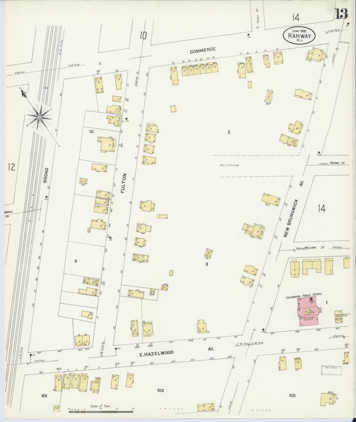 Sanborn Fire Insurance Map from Rahway, Union County, New Jersey (1908), Sheet #0013 - Historic Sanborn Fire Insurance Map Print, vintage old map wall art, antique decor, genealogy gift, New Jersey New Jersey map