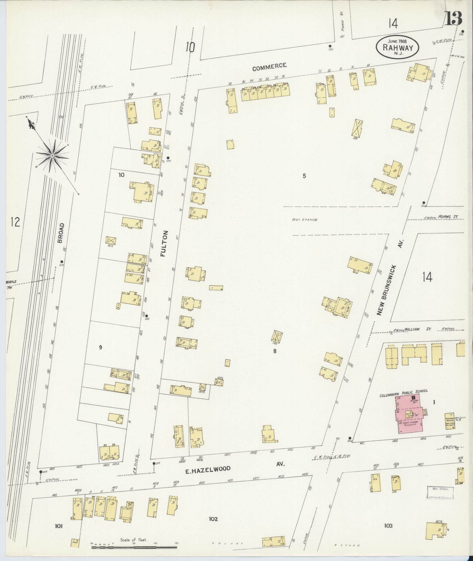 Sanborn Fire Insurance Map from Rahway, Union County, New Jersey (1908), Sheet #0013 - Historic Sanborn Fire Insurance Map Print, vintage old map wall art, antique decor, genealogy gift, New Jersey New Jersey map