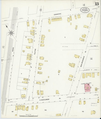 Sanborn Fire Insurance Map from Rahway, Union County, New Jersey (1908), Sheet #0013 - Historic Sanborn Fire Insurance Map Print, vintage old map wall art, antique decor, genealogy gift, New Jersey New Jersey map