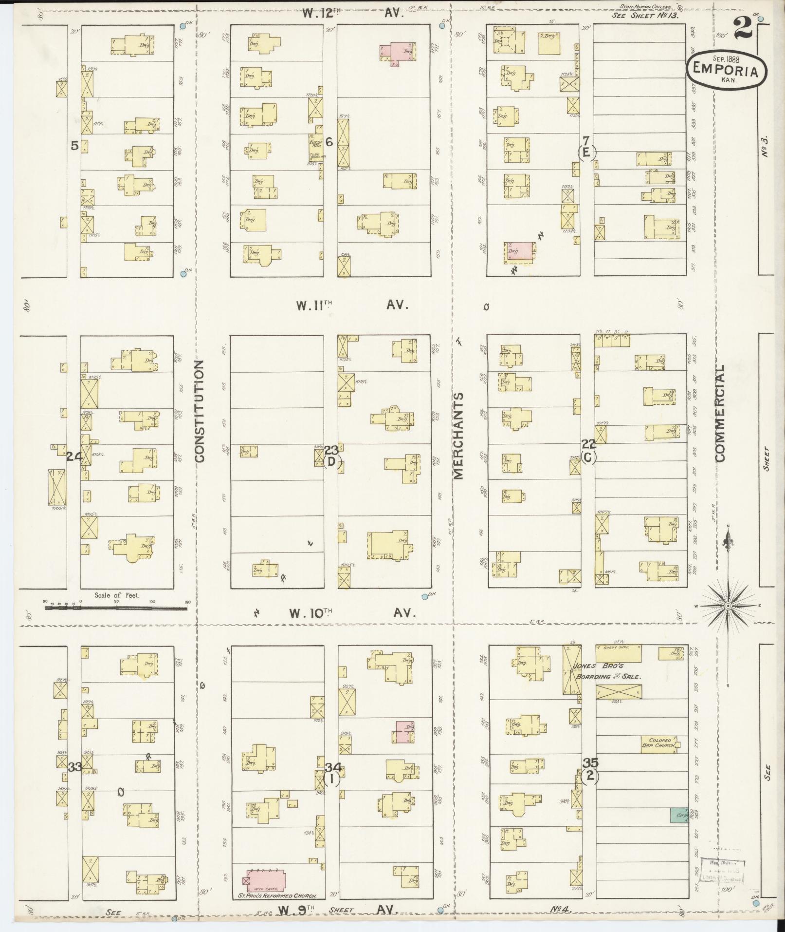 Sanborn Fire Insurance Map from Emporia, Lyon County, Kansas (1888), Sheet #0002 - Historic Sanborn Fire Insurance Map Print, vintage old map wall art, antique decor, genealogy gift, Kansas Kansas map