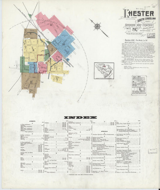 Sanborn Fire Insurance Map from Chester, Chester County, South Carolina (1917), Sheet #0001 - Complete Map Set gallery image, historic Sanborn map, vintage wall art, South Carolina South Carolina
