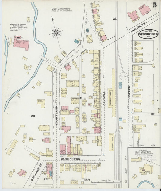 Sanborn Fire Insurance Map from Stroudsburg, Monroe County, Pennsylvania (1892), Sheet #0005 - Historic Sanborn Fire Insurance Map Print, vintage old map wall art, antique decor, genealogy gift, Pennsylvania Pennsylvania map