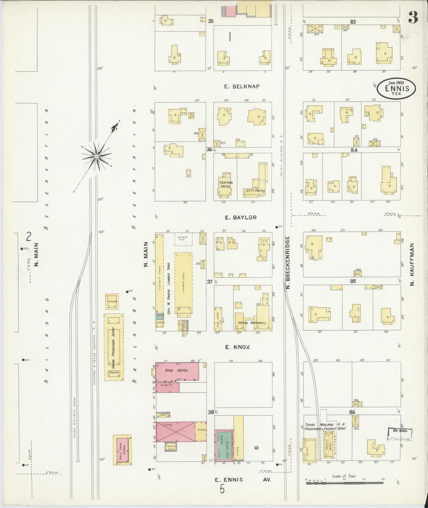 Sanborn Fire Insurance Map from Ennis, Ellis County, Texas (1909), Sheet #0003 - Complete Map Set gallery image, historic Sanborn map, vintage wall art, Texas Texas