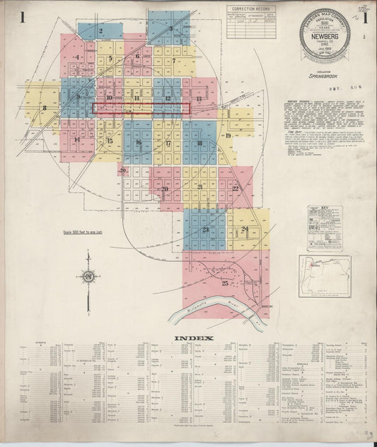 Sanborn Fire Insurance Map from Newberg, Yamhill County, Oregon (1934), Sheet #0001 - Historic Sanborn Fire Insurance Map Print, vintage old map wall art, antique decor, genealogy gift, Oregon Oregon map
