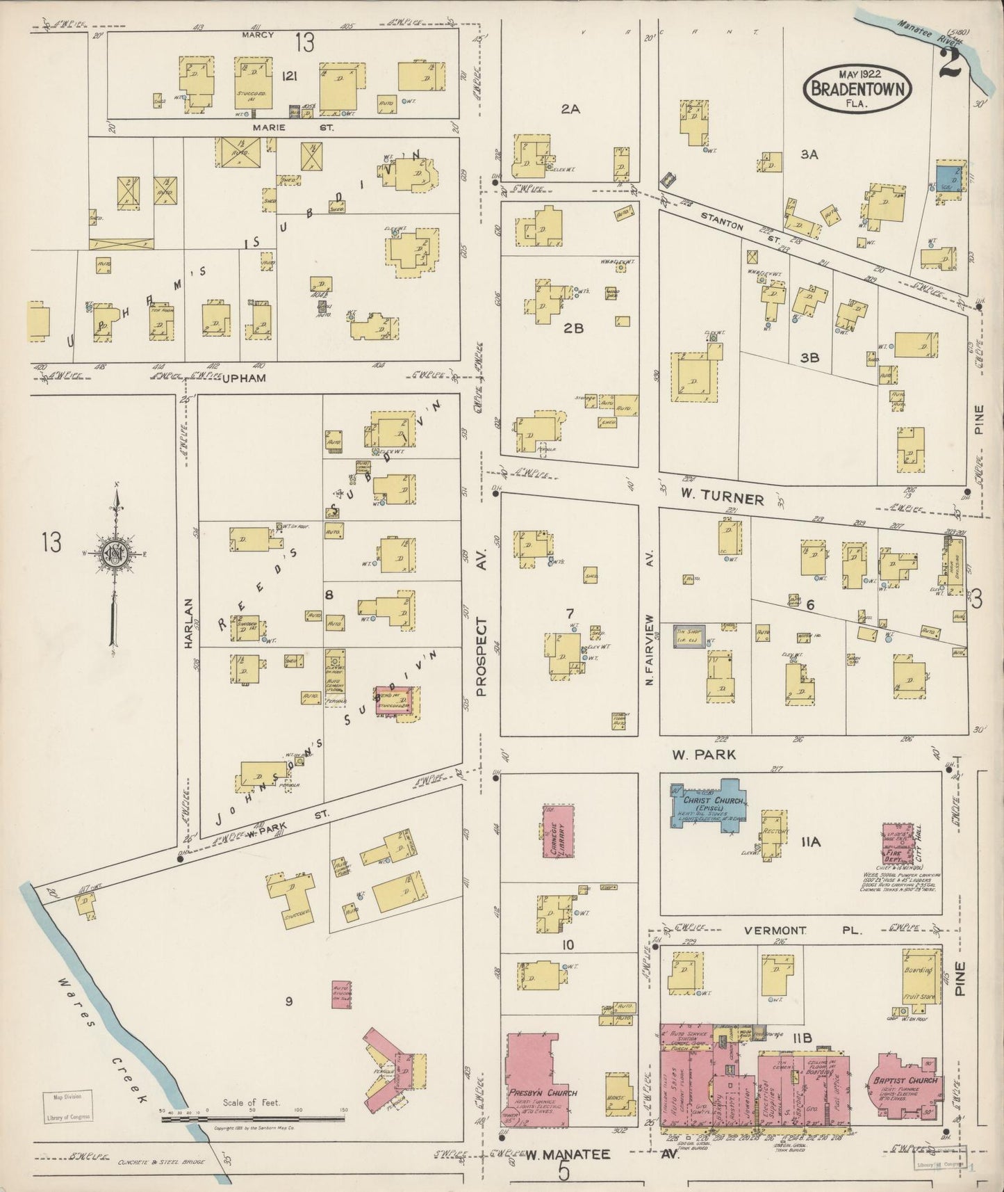 Sanborn Fire Insurance Map from Bradentown, Manatee County, Florida (1922), Sheet #0002 - Complete Map Set gallery image, historic Sanborn map, vintage wall art, Florida Florida