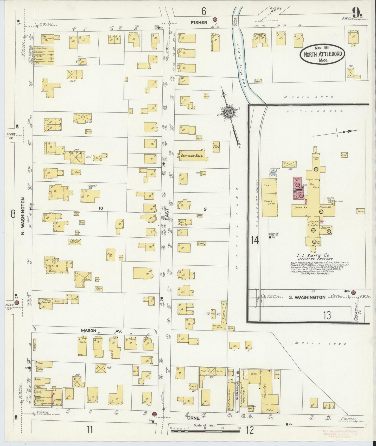 Sanborn Fire Insurance Map from North Attleborough, Bristol County, Massachusetts (1911), Sheet #0009 - Complete Map Set gallery image, historic Sanborn map, vintage wall art, Massachusetts Massachusetts
