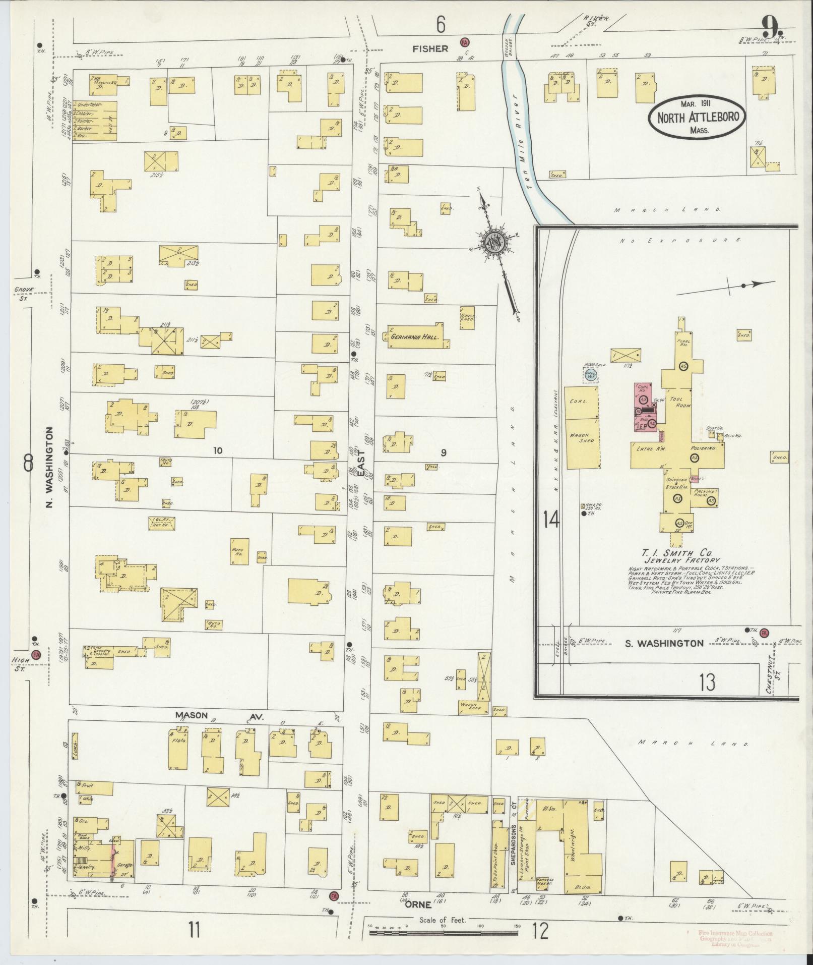 Sanborn Fire Insurance Map from North Attleborough, Bristol County, Massachusetts (1911), Sheet #0009 - Complete Map Set gallery image, historic Sanborn map, vintage wall art, Massachusetts Massachusetts