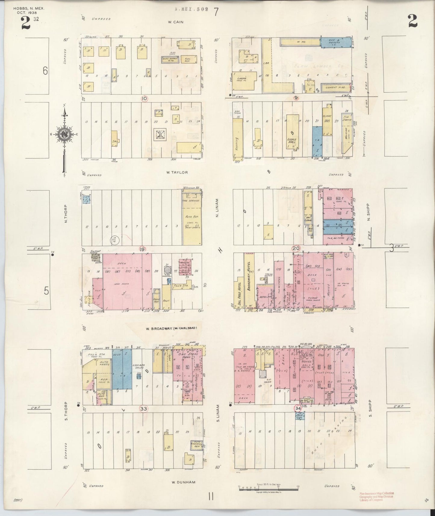 Sanborn Fire Insurance Map from Hobbs, Lea County, New Mexico (1950), Sheet #0002 - Complete Map Set gallery image, historic Sanborn map, vintage wall art, New Mexico New Mexico