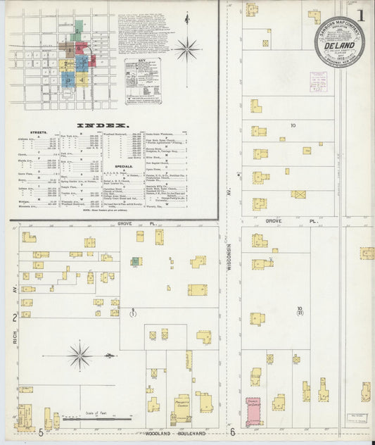 Sanborn Fire Insurance Map from De Land, Volusia County, Florida (1903), Sheet #0001 - Historic Sanborn Fire Insurance Map Print, vintage old map wall art, antique decor, genealogy gift, Florida Florida map