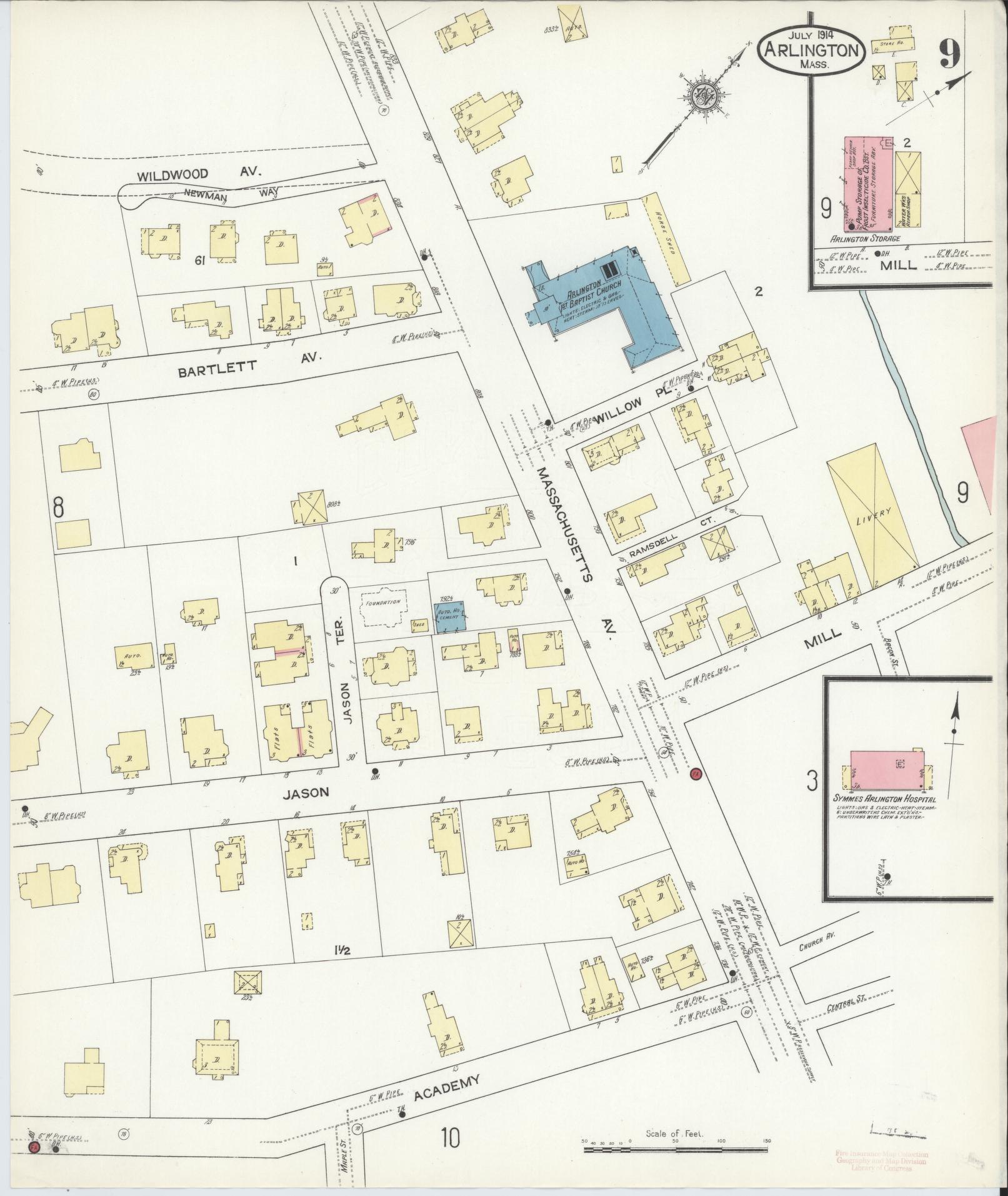 Sanborn Fire Insurance Map from Arlington, Middlesex County, Massachusetts (1914), Sheet #0009 - Complete Map Set gallery image, historic Sanborn map, vintage wall art, Massachusetts Massachusetts