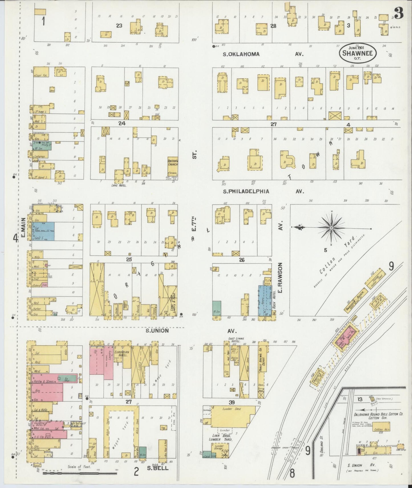Sanborn Fire Insurance Map from Shawnee, Pottawatomie County, Oklahoma (1901), Sheet #0003 - Complete Map Set gallery image, historic Sanborn map, vintage wall art, Oklahoma Oklahoma