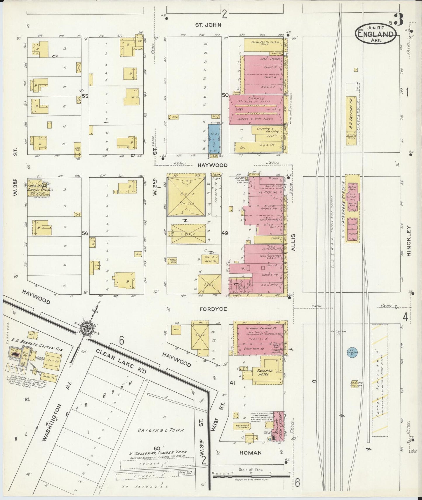 Sanborn Fire Insurance Map from England, Lonoke County, Arkansas (1917), Sheet #0003 - Complete Map Set gallery image, historic Sanborn map, vintage wall art, Arkansas Arkansas