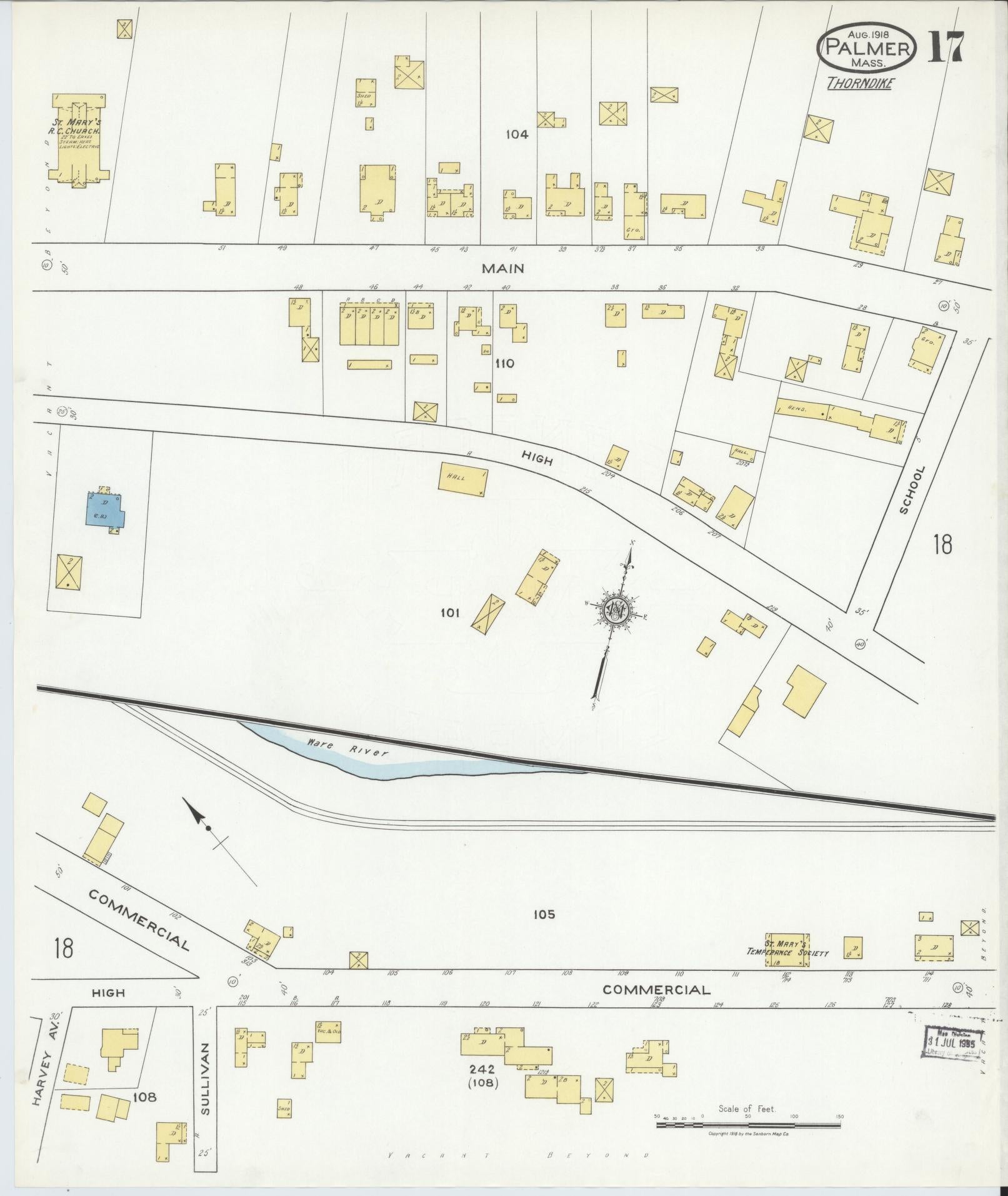 Sanborn Fire Insurance Map from Palmer, Hampden County, Massachusetts (1918), Sheet #0017 - Historic Sanborn Fire Insurance Map Print, vintage old map wall art, antique decor, genealogy gift, Massachusetts Massachusetts map