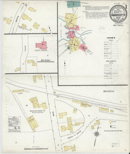 Sanborn Fire Insurance Map from Damariscotta, Lincoln County, Maine (1912), Sheet #0001 - Historic Sanborn Fire Insurance Map Print, vintage old map wall art, antique decor, genealogy gift, Maine Maine map