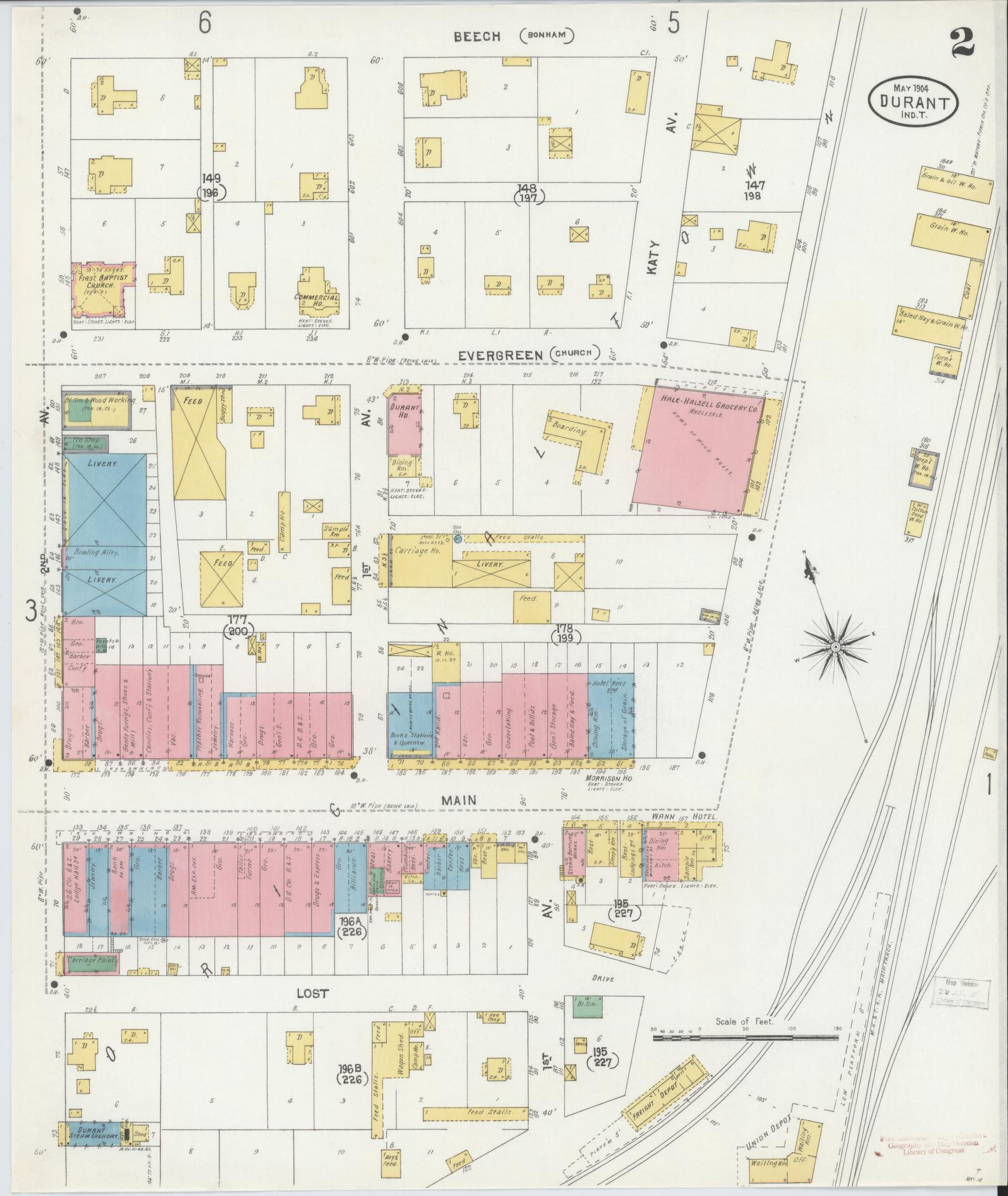 Sanborn Fire Insurance Map from Durant, Bryan County, Oklahoma (1904), Sheet #0002 - Historic Sanborn Fire Insurance Map Print, vintage old map wall art, antique decor, genealogy gift, Oklahoma Oklahoma map