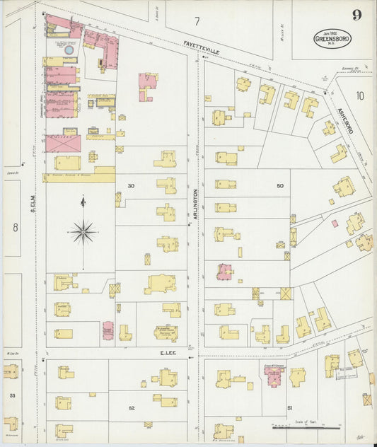 Sanborn Fire Insurance Map from Greensboro, Guilford County, North Carolina (1902), Sheet #0009 - Historic Sanborn Fire Insurance Map Print, vintage old map wall art, antique decor, genealogy gift, North Carolina North Carolina map