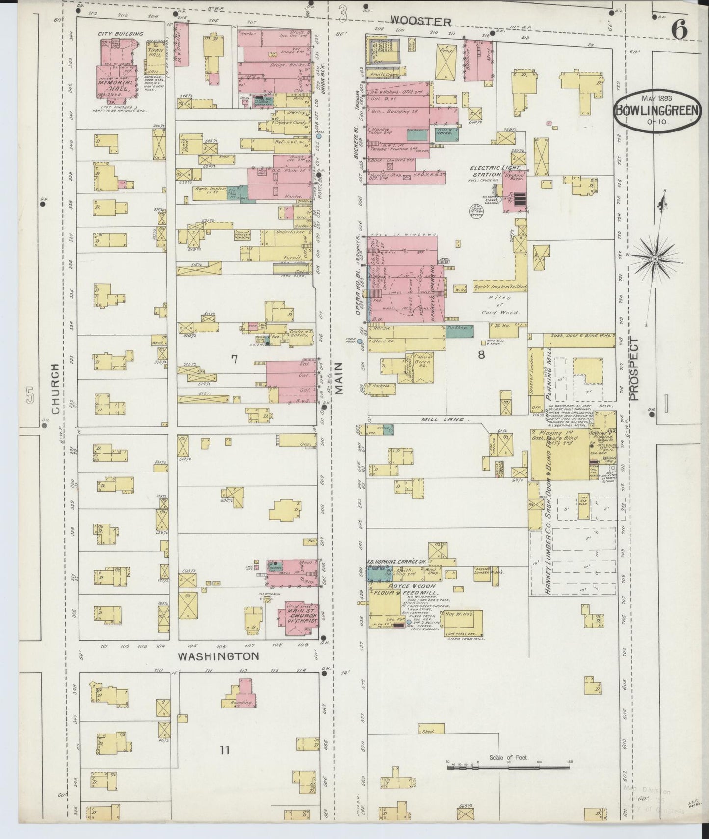 Sanborn Fire Insurance Map from Bowling Green, Wood County, Ohio (1893), Sheet #0006 - Historic Sanborn Fire Insurance Map Print, vintage old map wall art, antique decor, genealogy gift, Ohio Ohio map