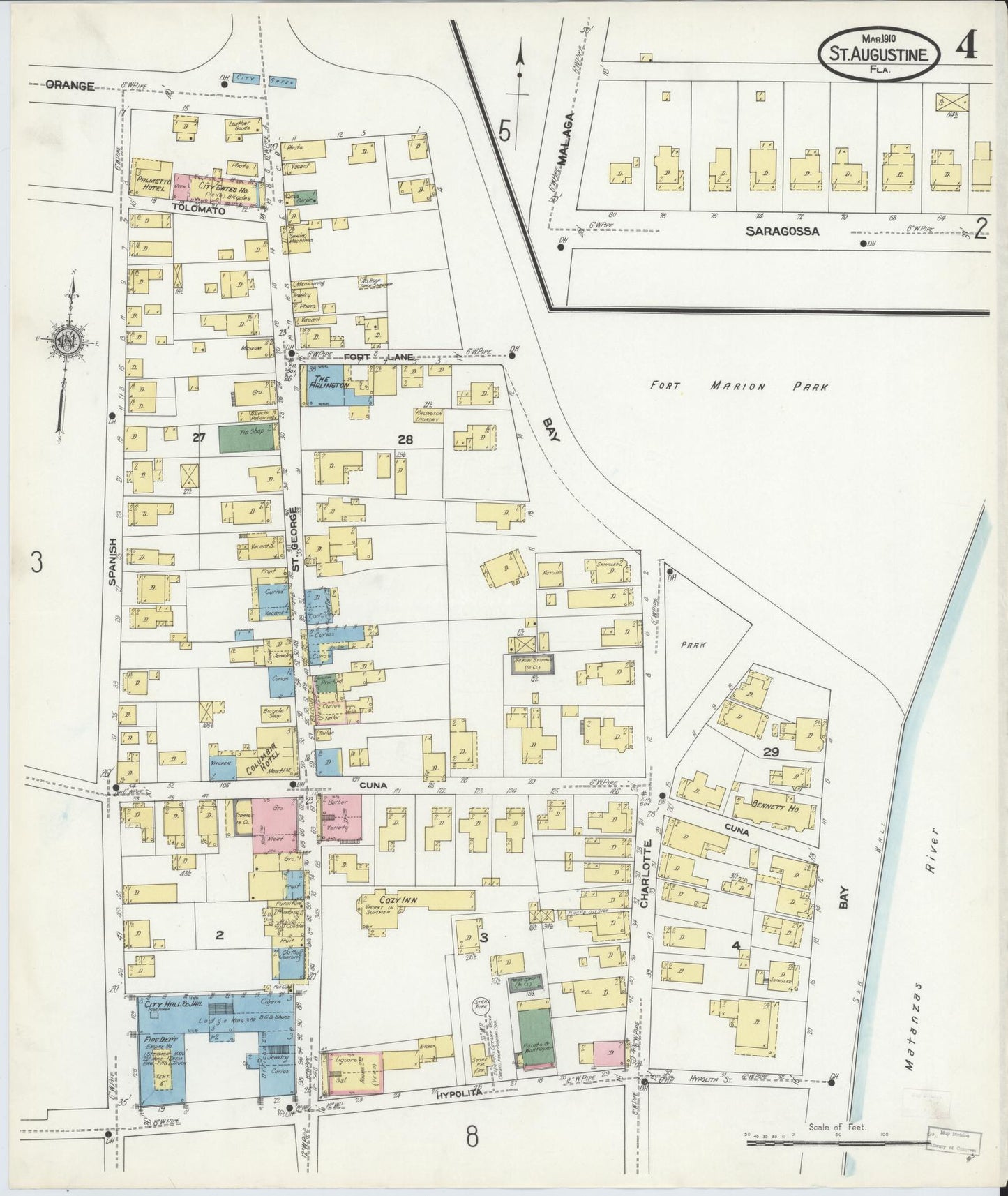 Sanborn Fire Insurance Map from Saint Augustine, Saint John's County, Florida (1910), Sheet #0004 - Historic Sanborn Fire Insurance Map Print, vintage old map wall art, antique decor, genealogy gift, Florida Florida map