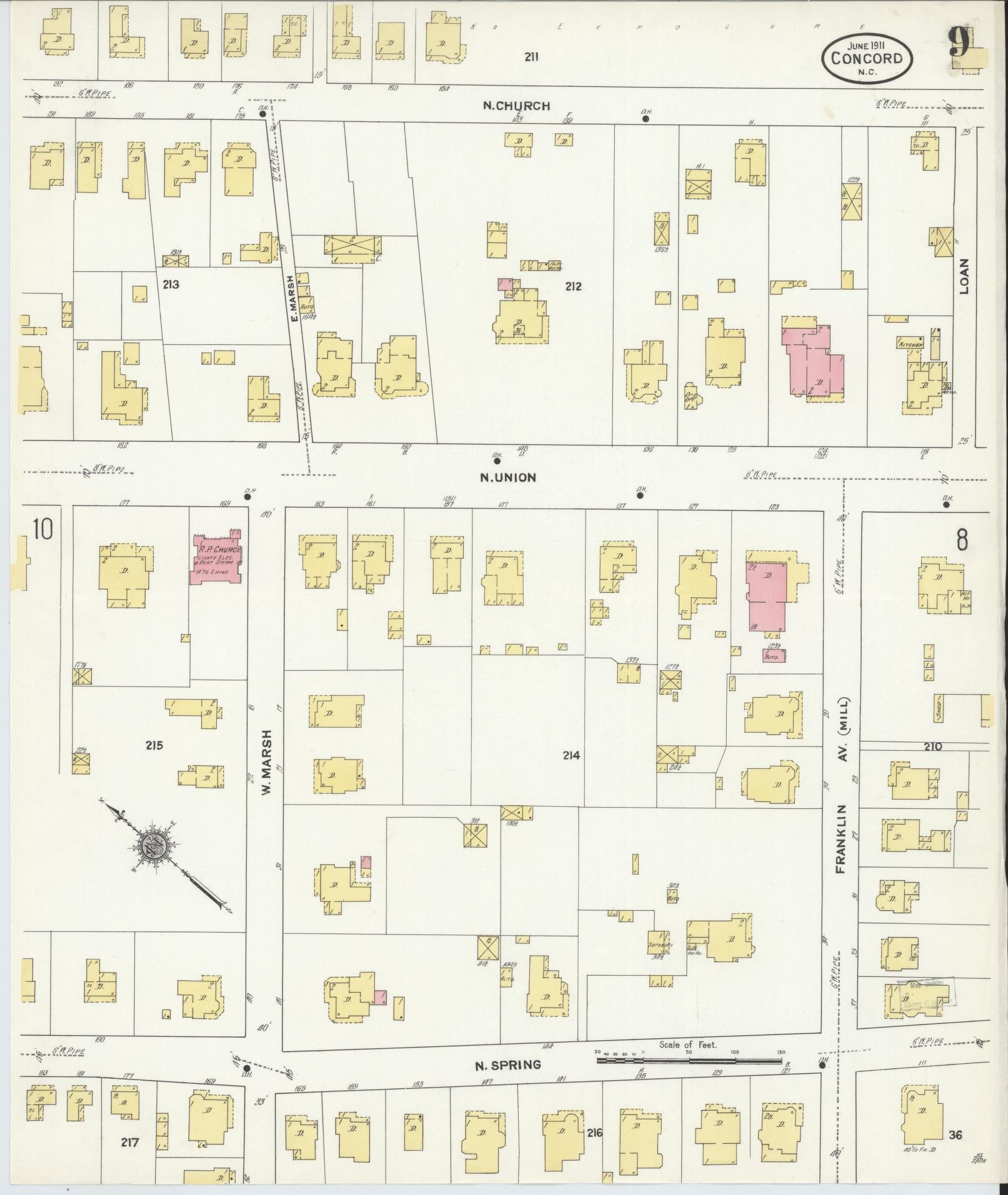 Sanborn Fire Insurance Map from Concord, Cabarrus County, North Carolina (1911), Sheet #0009 - Complete Map Set gallery image, historic Sanborn map, vintage wall art, North Carolina North Carolina