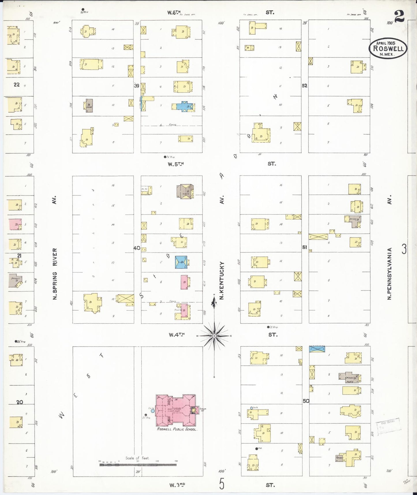 Sanborn Fire Insurance Map from Roswell, Chaves County, New Mexico (1905), Sheet #0002 - Historic Sanborn Fire Insurance Map Print, vintage old map wall art, antique decor, genealogy gift, New Mexico New Mexico map