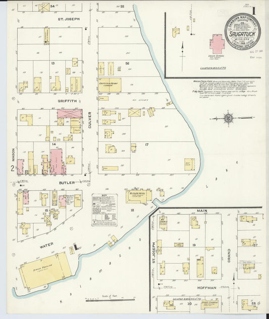 Sanborn Fire Insurance Map from Saugatuck, Allegan County, Michigan (1910), Sheet #0001 - Historic Sanborn Fire Insurance Map Print, vintage old map wall art, antique decor, genealogy gift, Michigan Michigan map