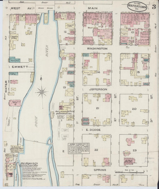 Sanborn Fire Insurance Map from Watertown, Jefferson County, Wisconsin (1884), Sheet #0003 - Historic Sanborn Fire Insurance Map Print, vintage old map wall art, antique decor, genealogy gift, Wisconsin Wisconsin map