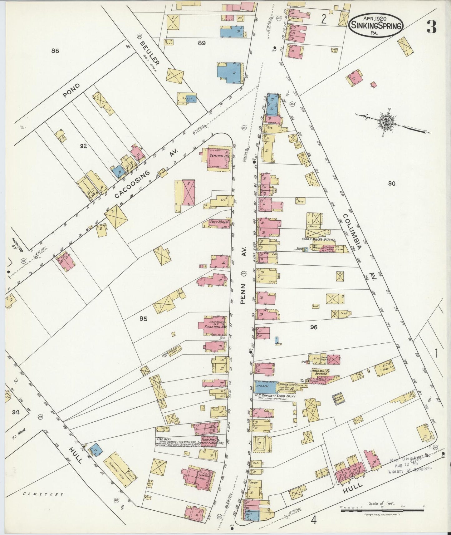 Sanborn Fire Insurance Map from Sinking Spring, Berks County, Pennsylvania (1920), Sheet #0003 - Historic Sanborn Fire Insurance Map Print, vintage old map wall art, antique decor, genealogy gift, Pennsylvania Pennsylvania map
