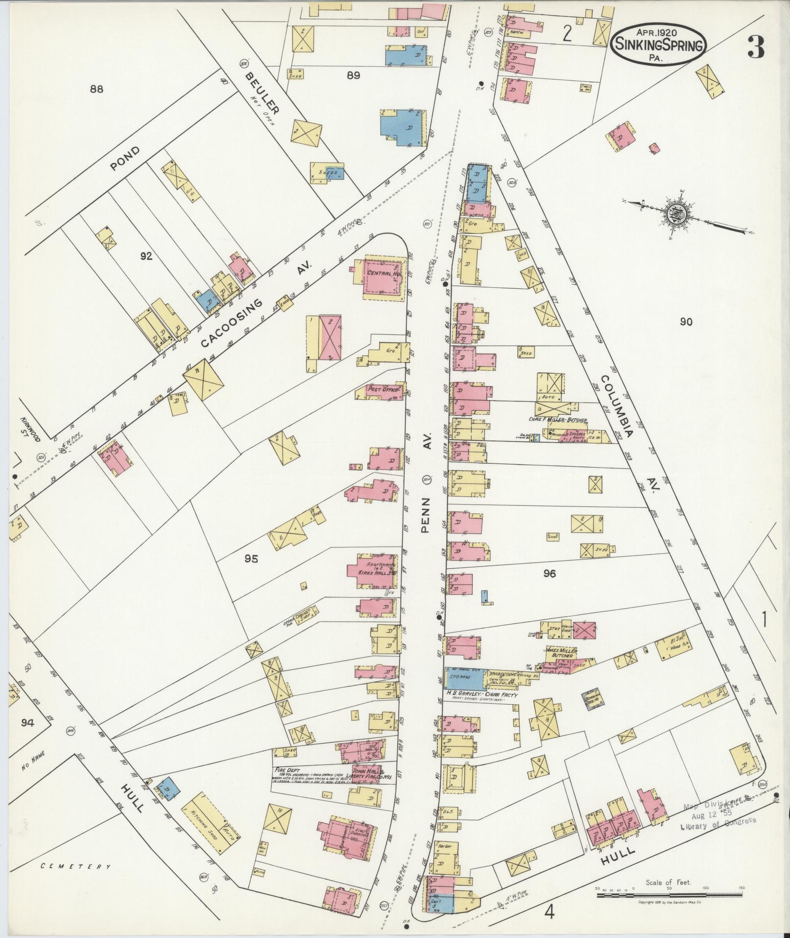 Sanborn Fire Insurance Map from Sinking Spring, Berks County, Pennsylvania (1920), Sheet #0003 - Historic Sanborn Fire Insurance Map Print, vintage old map wall art, antique decor, genealogy gift, Pennsylvania Pennsylvania map