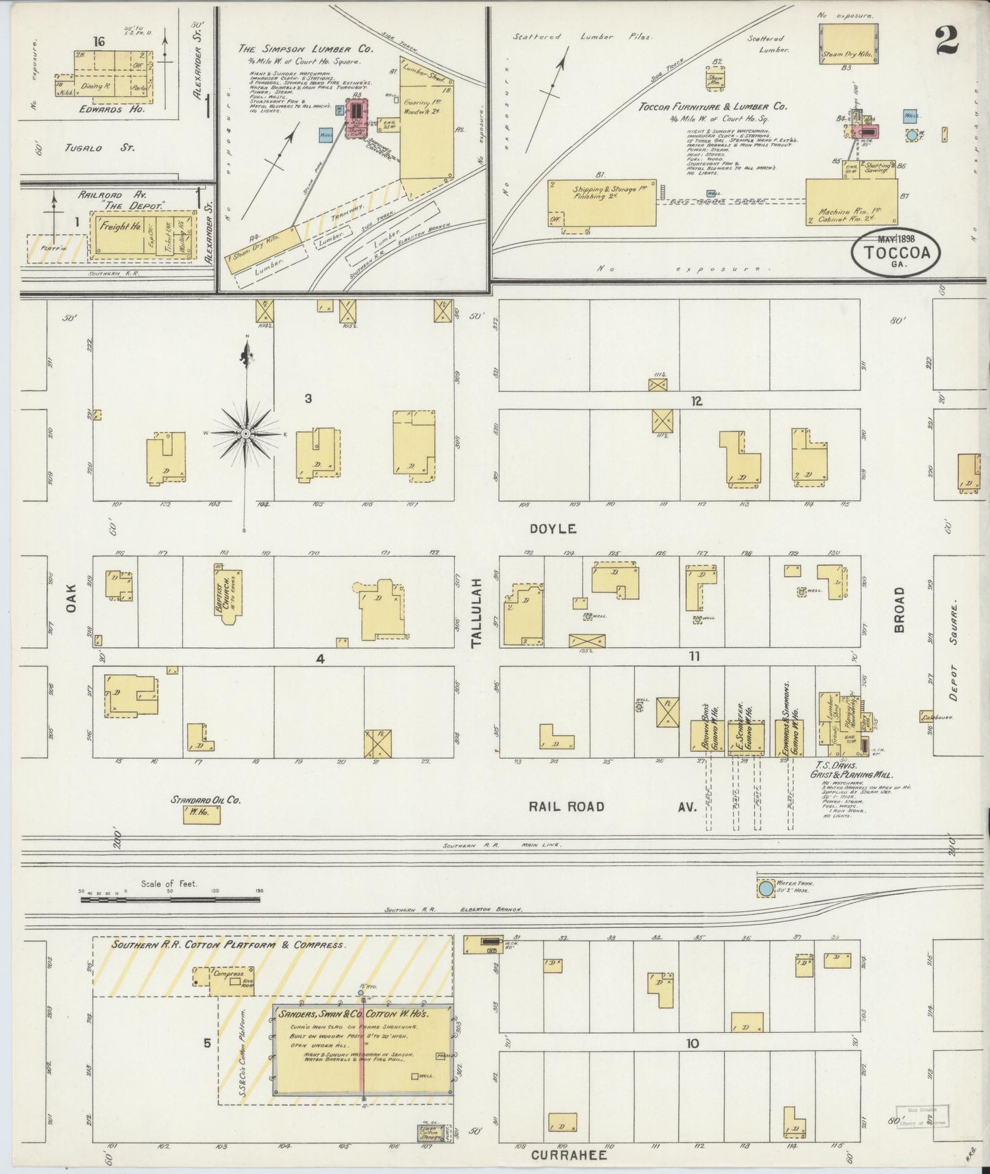 Sanborn Fire Insurance Map from Toccoa, Stephens County, Georgia (1898), Sheet #0002 - Historic Sanborn Fire Insurance Map Print, vintage old map wall art, antique decor, genealogy gift, Georgia Georgia map